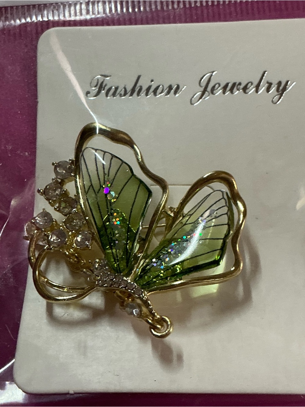 Fashion Jewelry Green Butterfly Brooch - Sparkling Gold Accent Rhinestone Dots